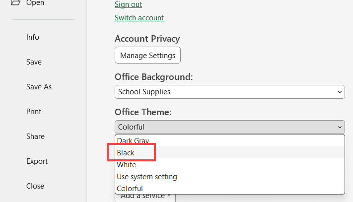 Chọn Black từ menu thả xuống Office Theme để chuyển sang giao diện tối