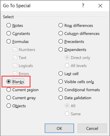 Chọn Blanks trong hộp thoại Go To Special