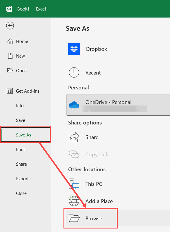Chọn Browse trong menu Save As để mở cửa sổ lưu file