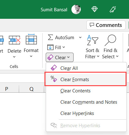 Chọn Clear Formats từ menu xổ xuống