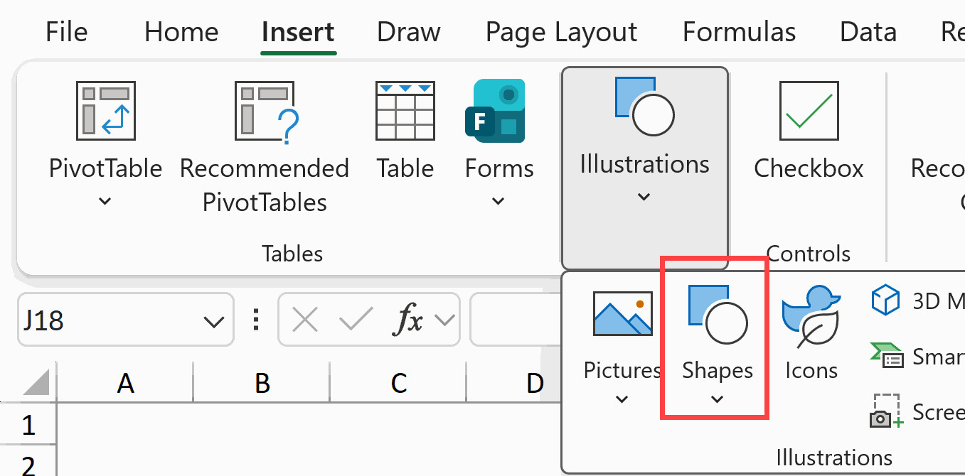 Chọn công cụ vẽ hình khối Shapes trong thẻ Insert