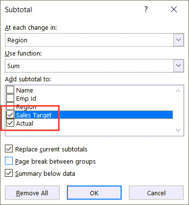 Chọn cột cần tính tổng