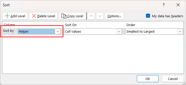 Chọn cột Helper và thứ tự sắp xếp mong muốn