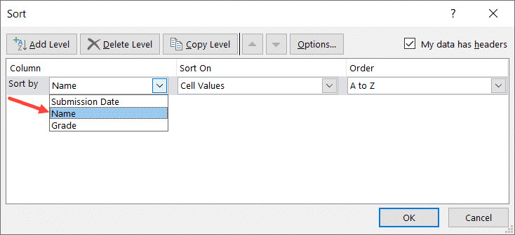 Chọn cột Name trong mục Sort by