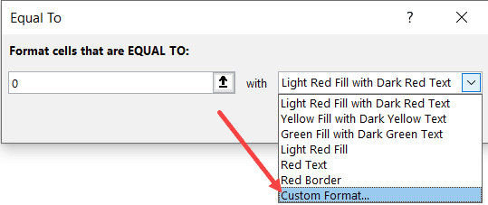Chọn Custom Formatting trong hộp thoại định dạng có điều kiện