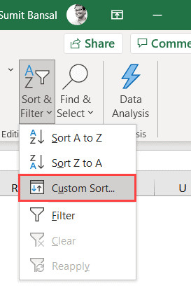 Chọn Custom Sort để tùy chỉnh cách sắp xếp dữ liệu