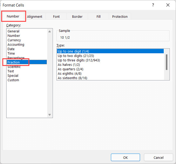 Chọn danh mục Fraction trong hộp thoại Format Cells