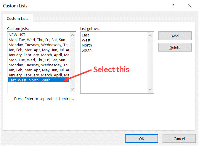 Chọn danh sách tùy chỉnh đã tạo để áp dụng