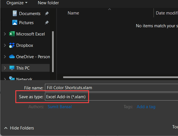 Chọn định dạng Excel Add-in (.xlam) trong hộp thoại lưu file
