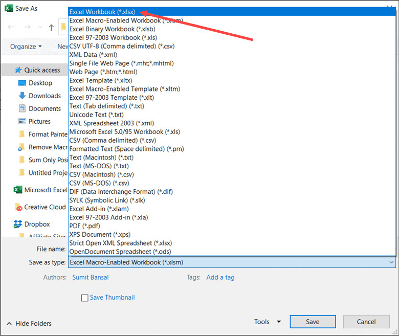 Chọn định dạng Excel Workbook .xlsx để loại bỏ macro