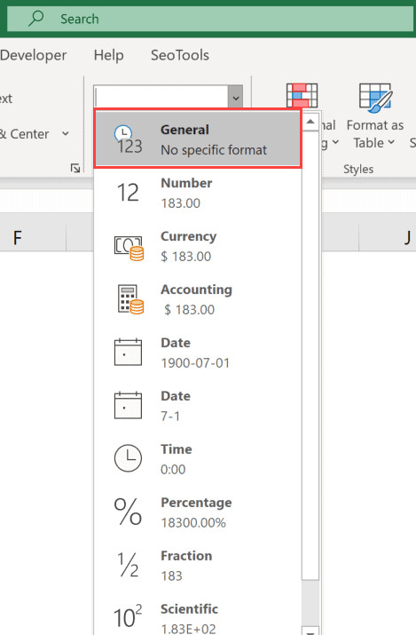 Chọn định dạng General trong danh sách Number Format