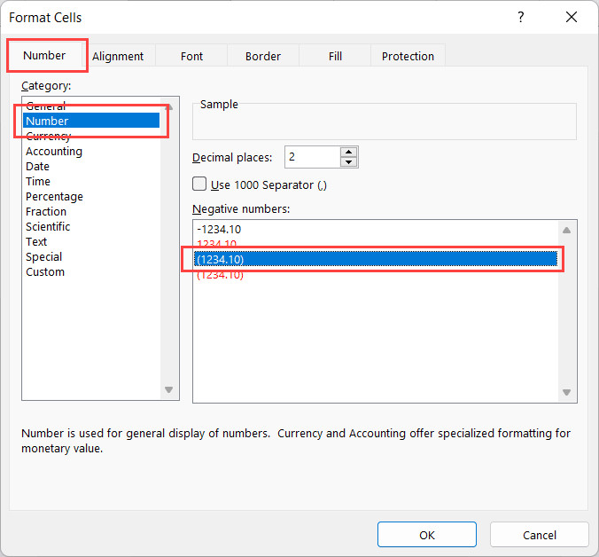Chọn định dạng hiển thị số âm trong ngoặc đơn tại danh sách Negative Numbers