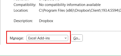 Chọn Excel Add-ins từ menu thả xuống mục Manage