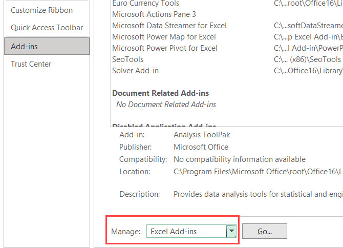 Chọn Excel Add-ins từ menu thả xuống