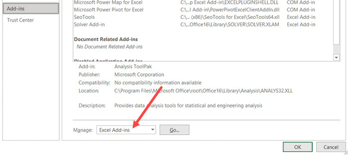 Chọn Excel Add-ins và nhấn Go