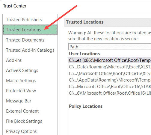 Chọn Excel StartUp location trong danh sách Trusted Locations