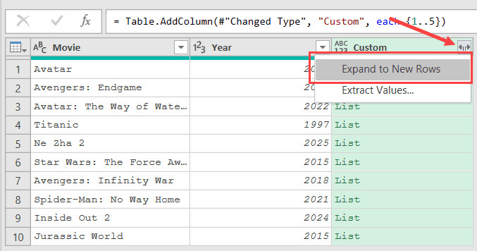 Chọn Expand to New Rows để nhân bản dữ liệu