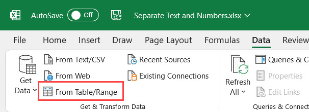 Chọn From Table Range trong thẻ Data