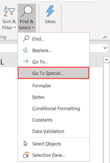 Chọn Go To Special từ menu Find and Select