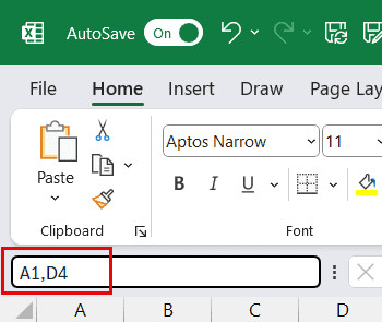 Chọn hai ô A1 và D4 không liền kề bằng dấu phẩy trong Name Box