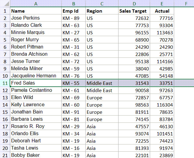 Chọn hàng số 11 để đặt dấu ngắt trang ngay phía trên