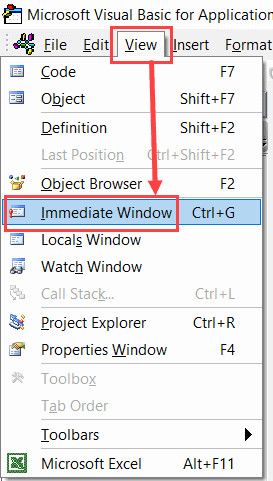 Chọn Immediate Window từ menu View trong VBA