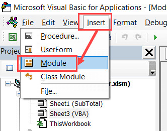 Chọn Insert Module để tạo không gian chứa mã VBA mới