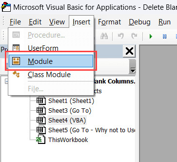 Chọn Insert Module trong trình soạn thảo VBA
