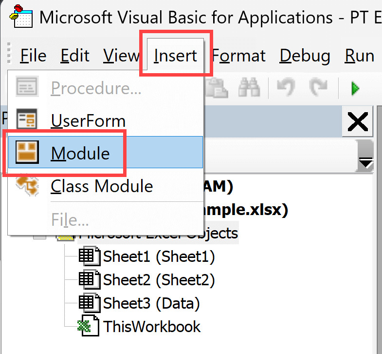 Chọn Insert rồi chọn Module để tạo không gian chứa mã VBA