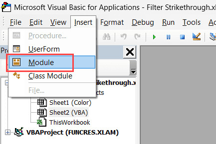 Chọn Insert rồi chọn Module để tạo không gian viết mã lệnh