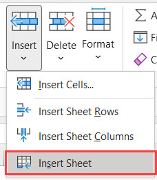 Chọn Insert Sheet từ menu thả xuống