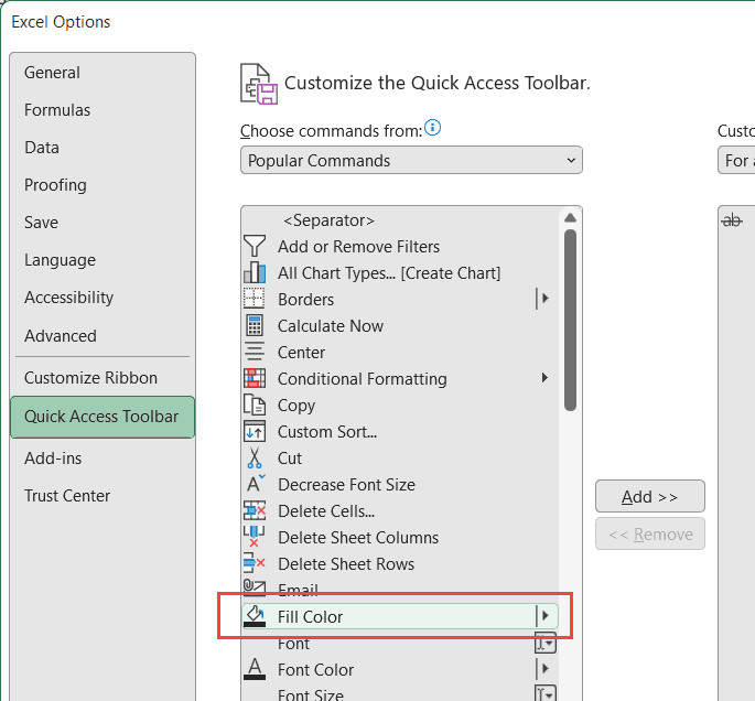 Chọn lệnh Fill Color từ danh sách các lệnh phổ biến