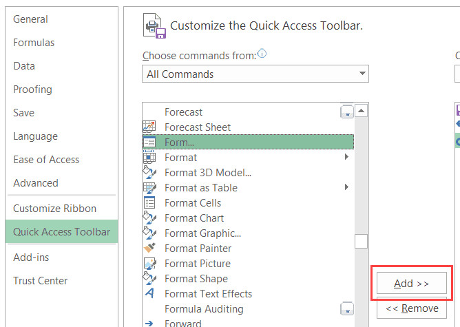 Chọn lệnh Form và nhấn nút Add để thêm vào thanh công cụ