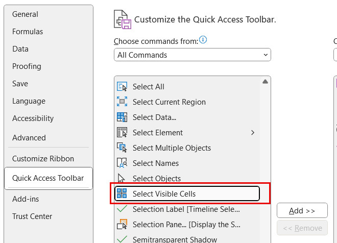 Chọn lệnh Select Visible Cells trong danh sách