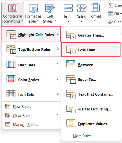 Chọn Less than trong danh sách quy tắc