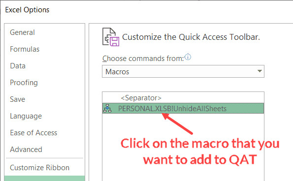 Chọn macro cần thêm vào thanh công cụ