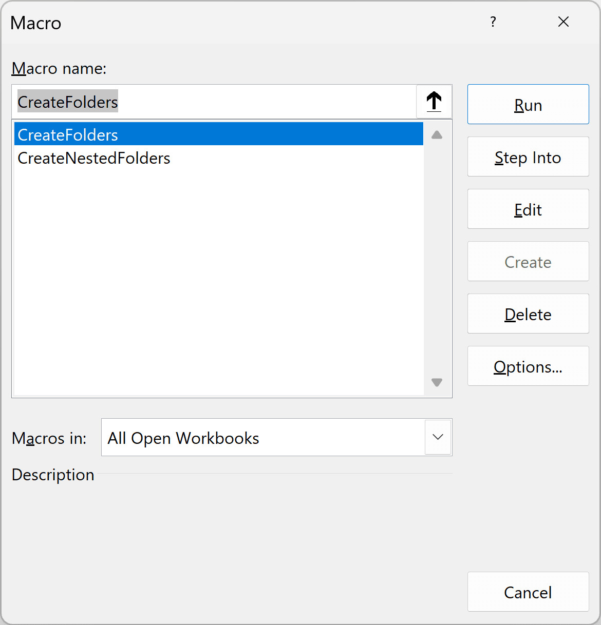Chọn Macro CreateFolders trong danh sách và nhấn Run
