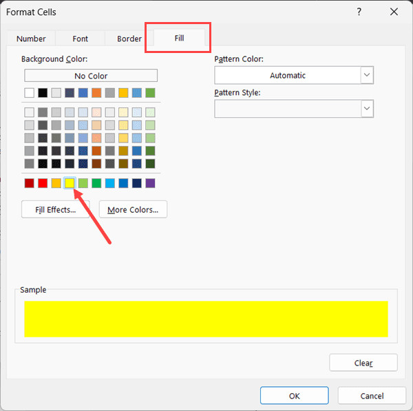 Chọn màu vàng trong thẻ Fill