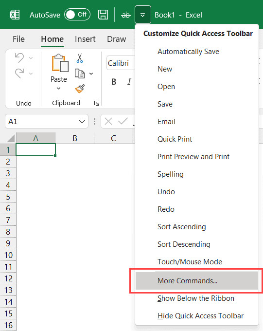 Chọn More Commands để mở hộp thoại tùy chọn Excel Options