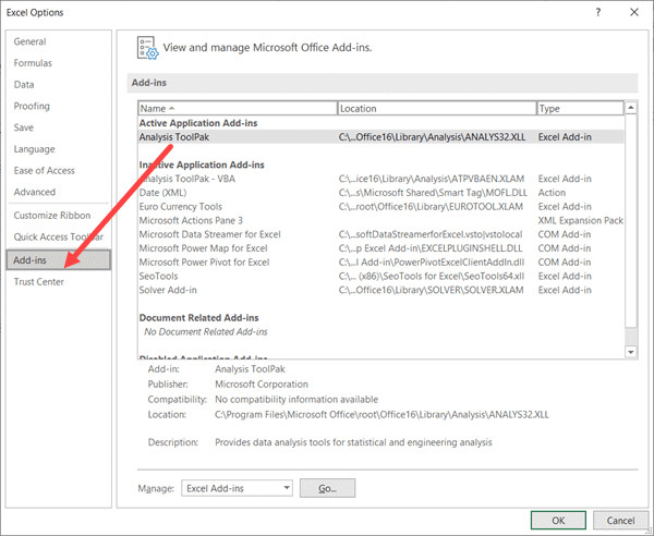 Chọn mục Add-ins trong cửa sổ Excel Options