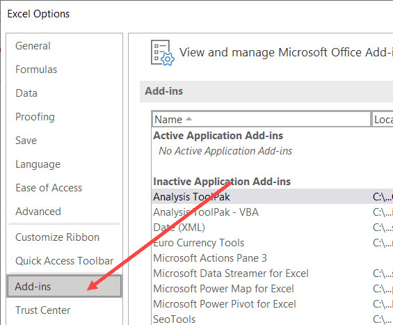 Chọn mục Add-ins trong Excel Options