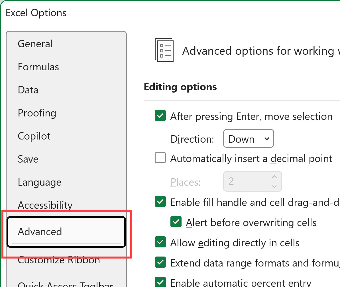 Chọn mục Advanced trong cửa sổ Excel Options