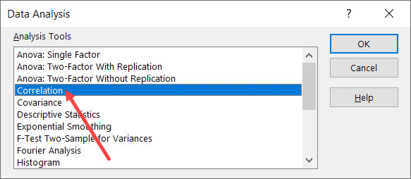 Chọn mục Correlation trong danh sách công cụ phân tích
