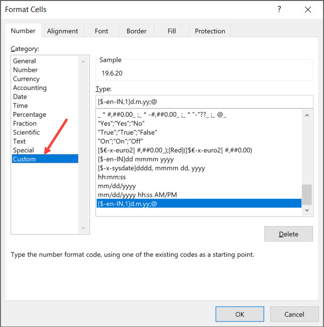 Chọn mục Custom để tự tạo định dạng ngày tháng