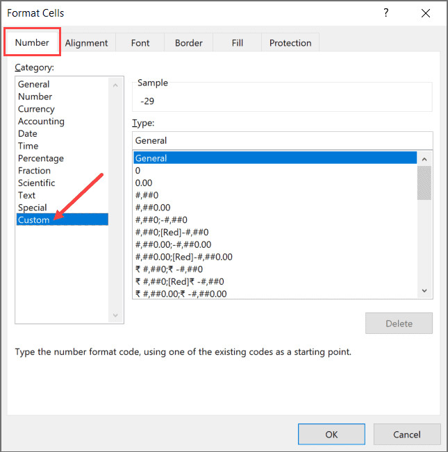 Chọn mục Custom trong hộp thoại Format Cells