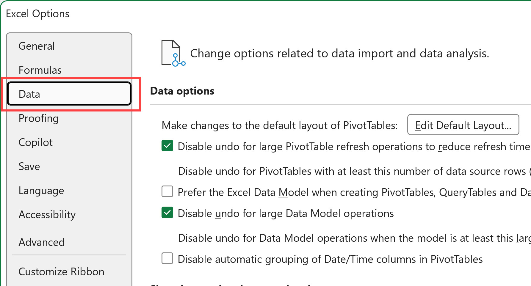 Chọn mục Data trong hộp thoại tùy chọn Excel Options