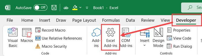 Chọn mục Excel Add-ins trong thẻ Developer