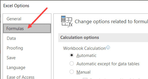 Chọn mục Formulas trong cửa sổ tùy chọn Excel Options