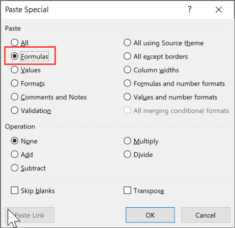 Chọn mục Formulas trong hộp thoại Paste Special