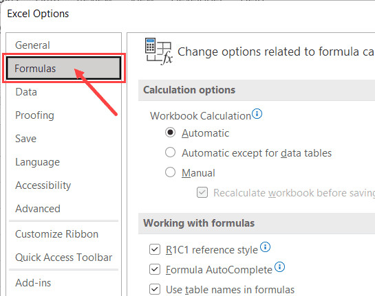 Chọn mục Formulas trong hộp thoại tùy chọn Excel
